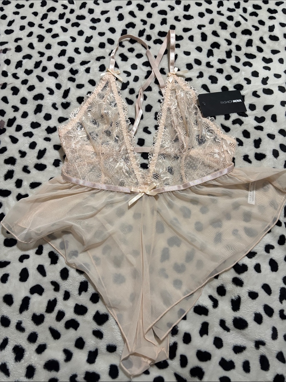 Fashion Nova Sheer Lace Chemise Bodysuit in Nude Blush